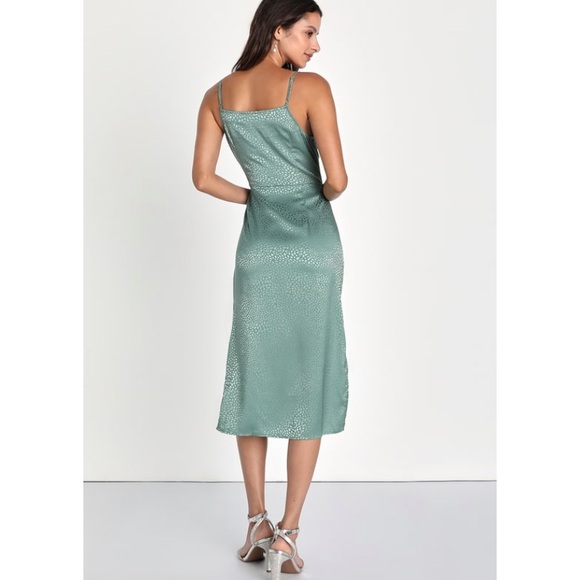 Lulus Total Stunner Sage Green Satin Jacquard Cowl Neck Dress - Picture 5 of 6